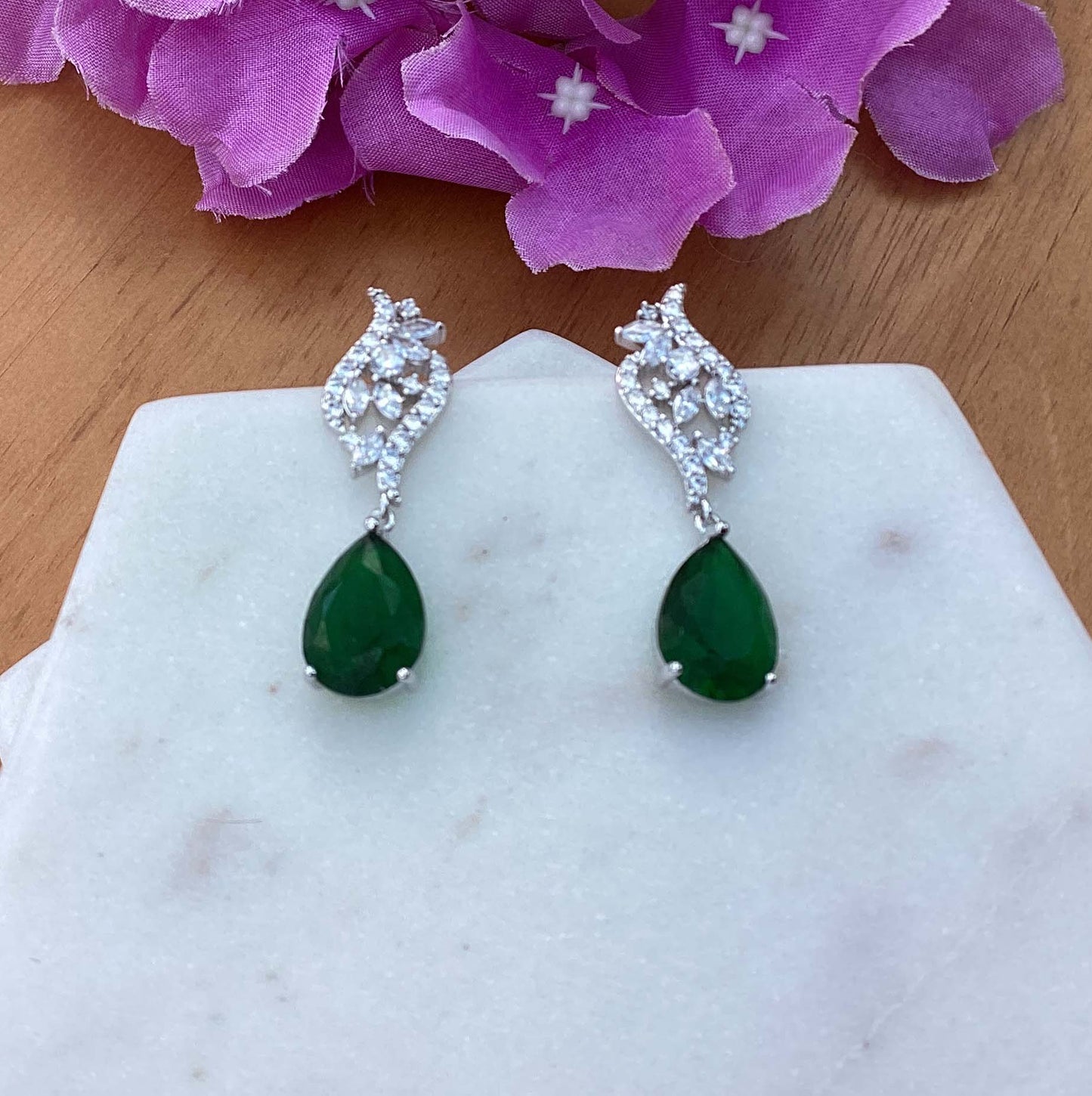 Earrings - Silver - Green Drop