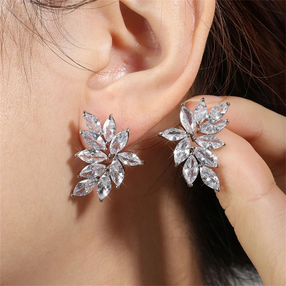 Earrings - Silver Cubic Zirconia Leaf