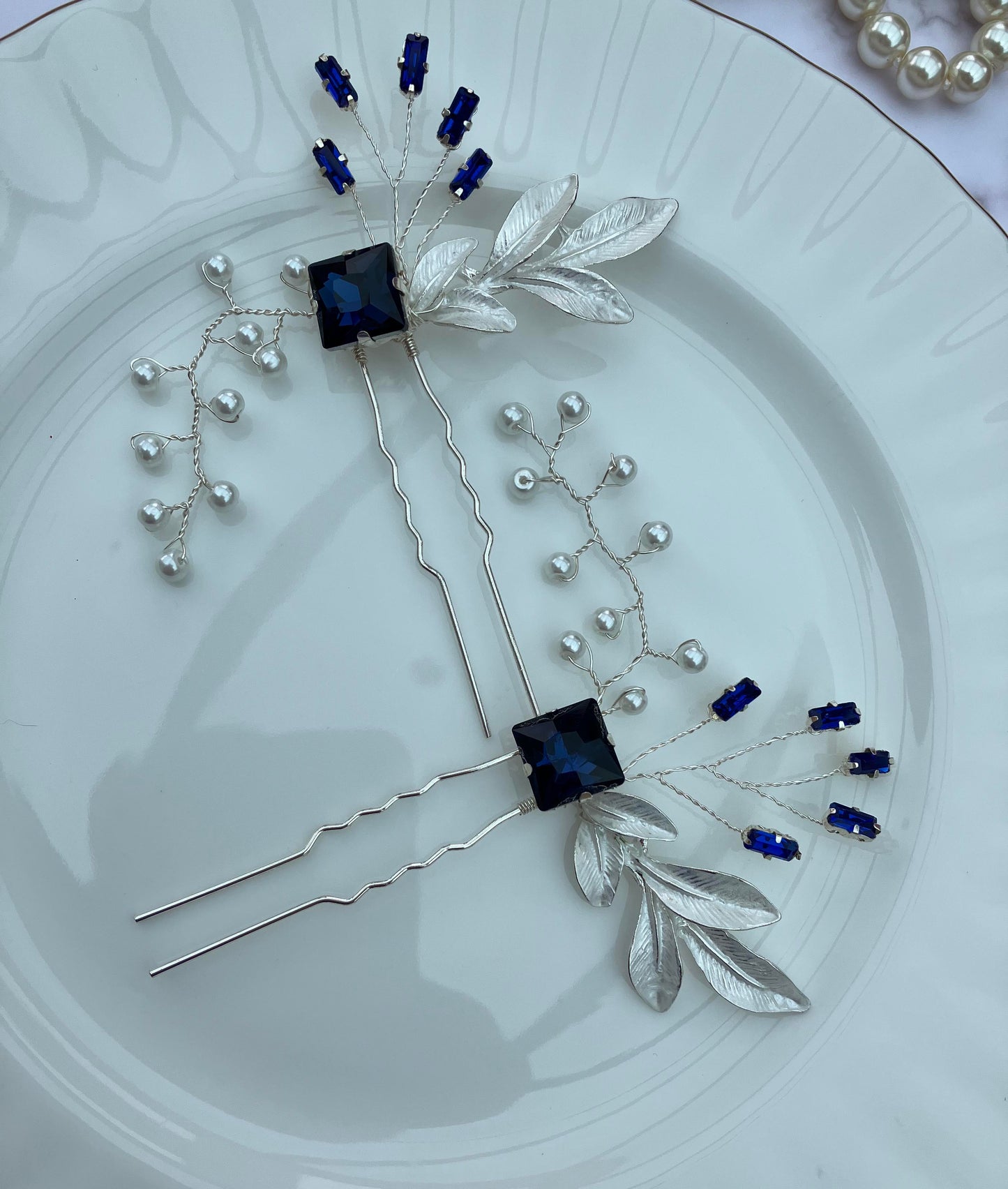 Hair Pin - Silver and Sapphire Blue