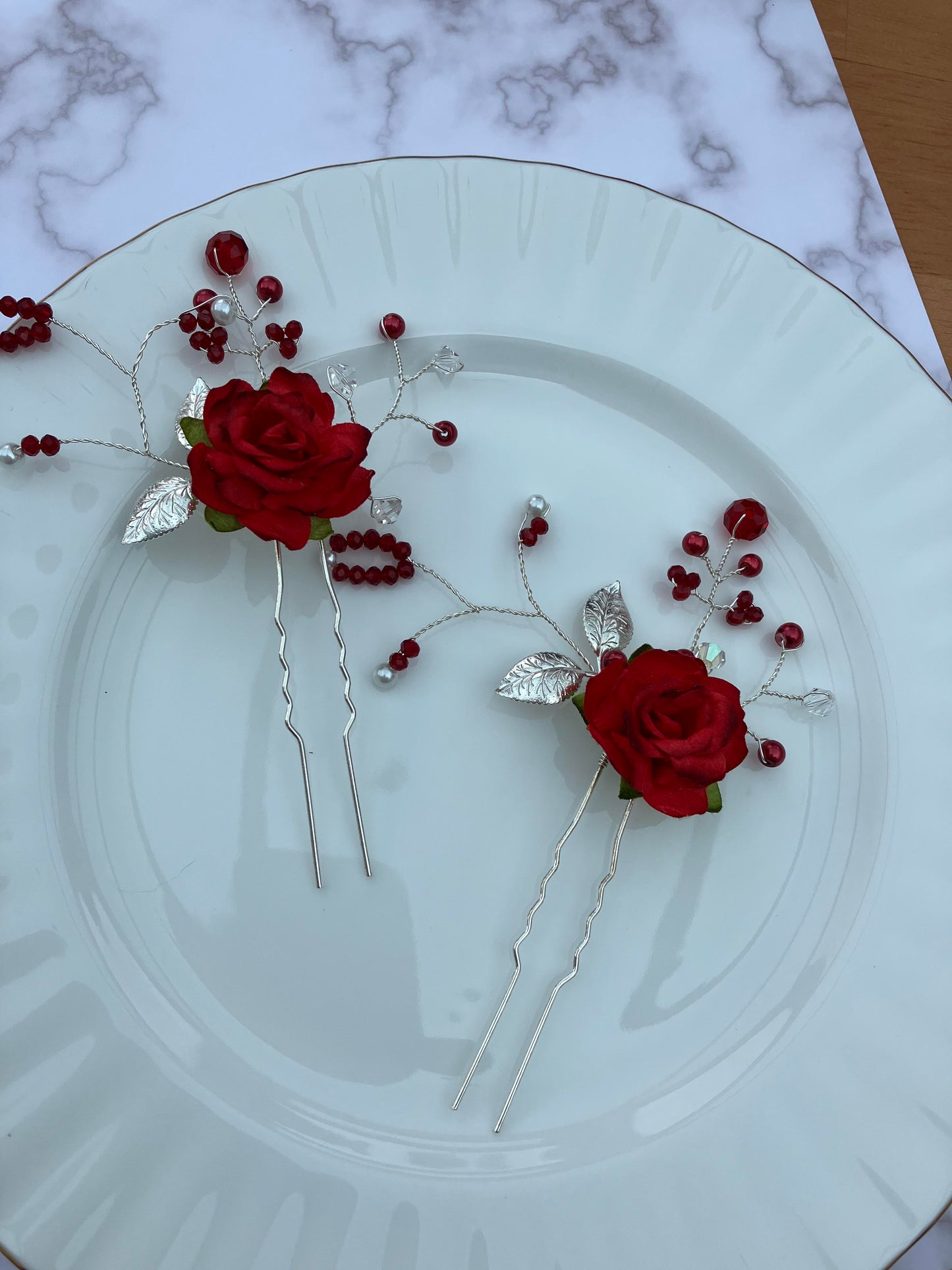 Hair Pins - Silver and Red