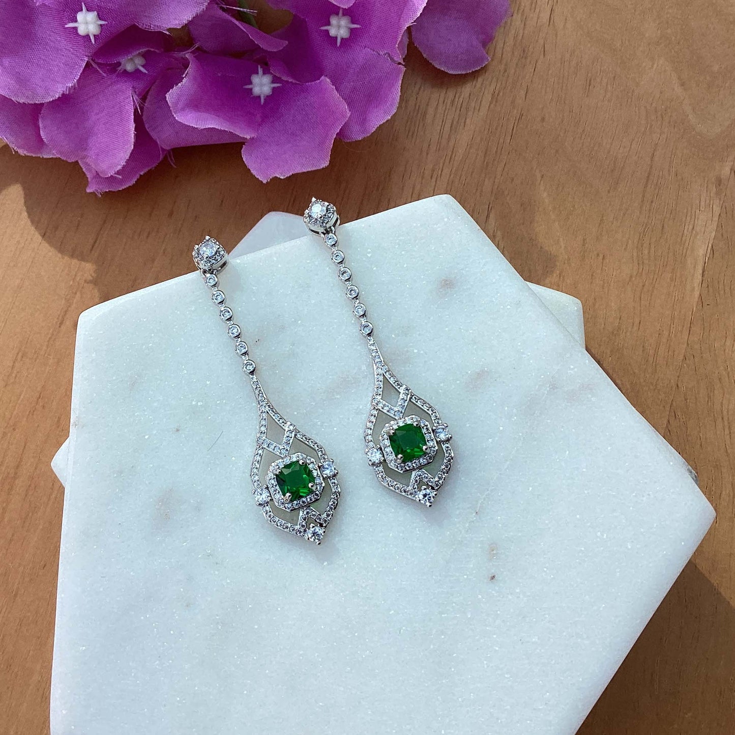 Earrings - Silver long drop Green