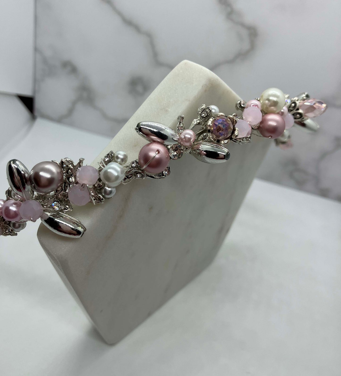 Headband - Silver - Pink & white