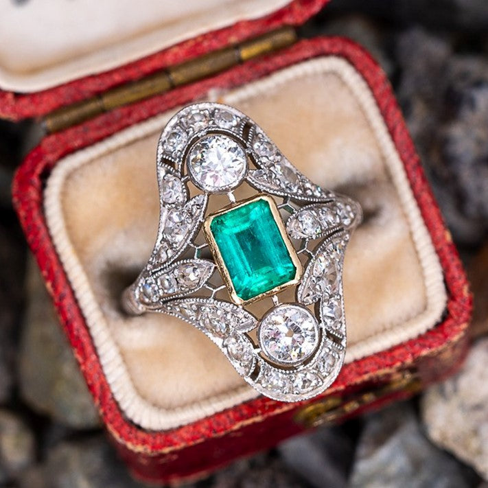 Ring - Silver Emerald Green Vintage Style