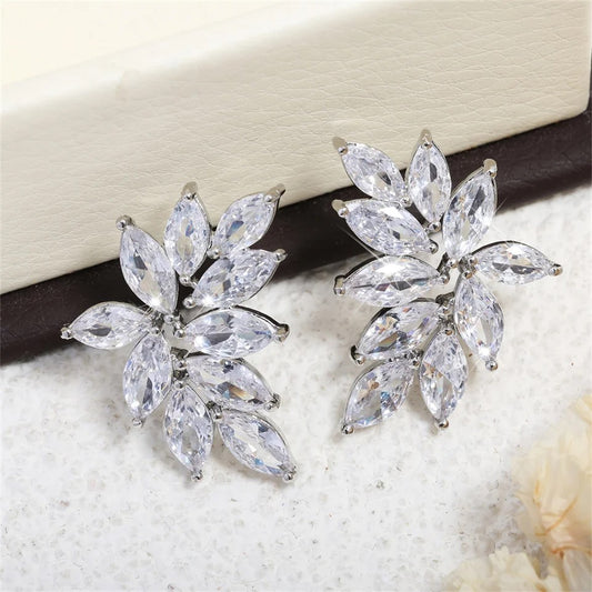 Earrings - Silver Cubic Zirconia Leaf