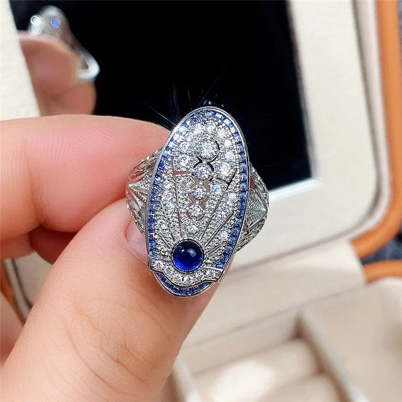 Ring - Silver and Sapphire Blue Vintage Style