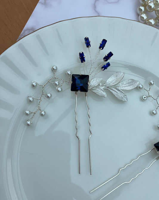 Hair Pin - Silver and Sapphire Blue