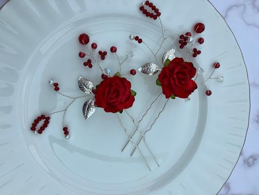 Hair Pins - Silver and Red
