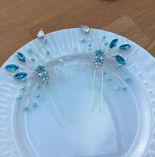 Hair Pin - Aqua and Silver