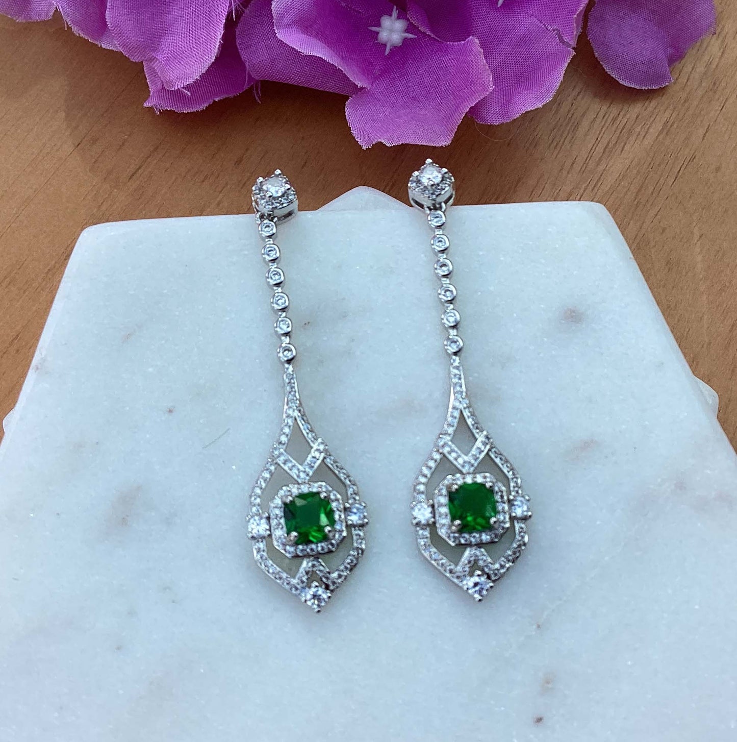 Earrings - Silver long drop Green