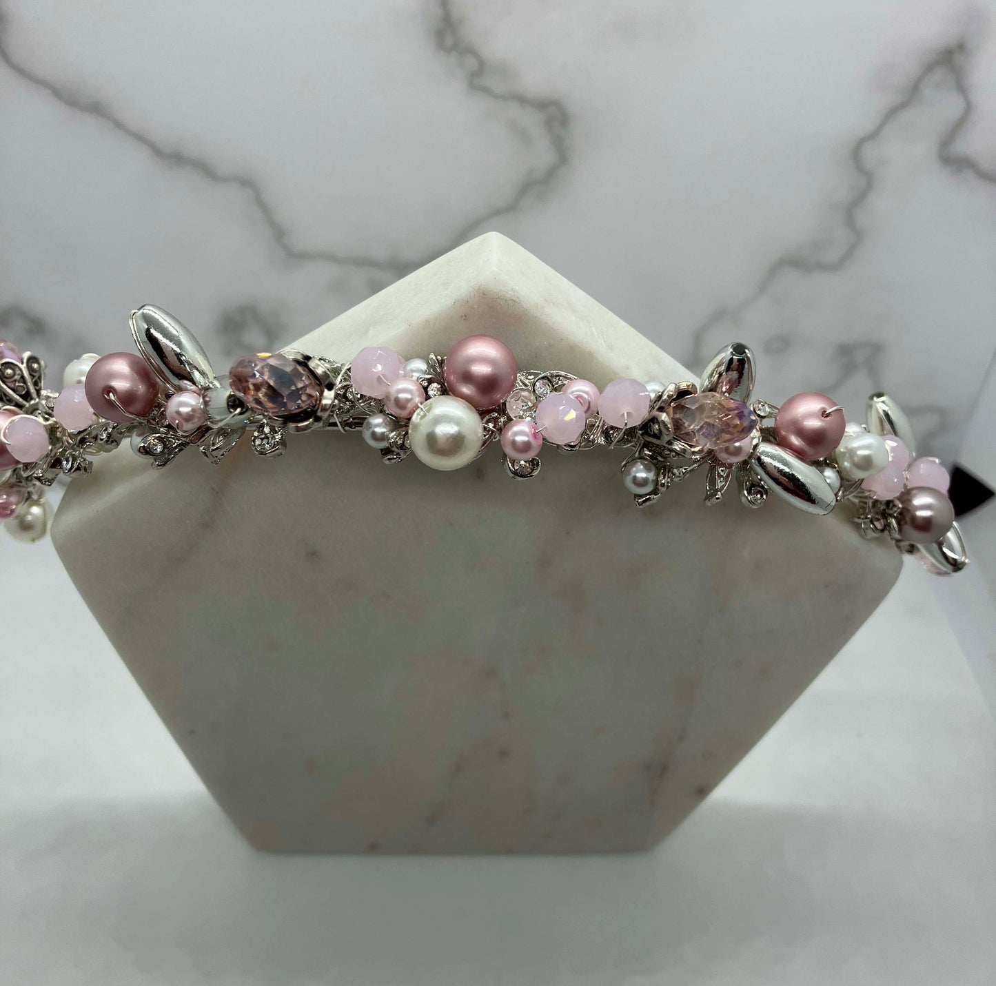 Headband - Silver - Pink & white