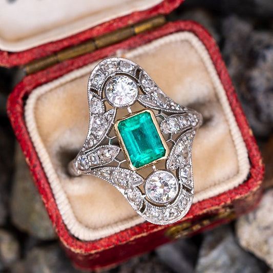 Ring - Silver Emerald Green Vintage Style