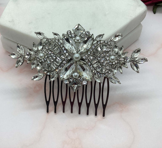 Hair Comb - Silver Pearls